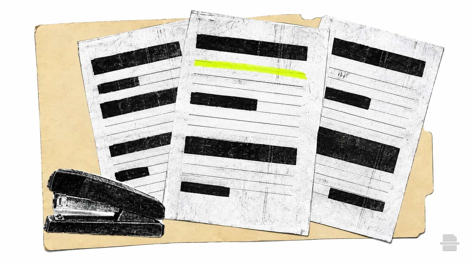 Photocopy-style paste-up of three ruled policy pages with black bars fanned out of a manila folder