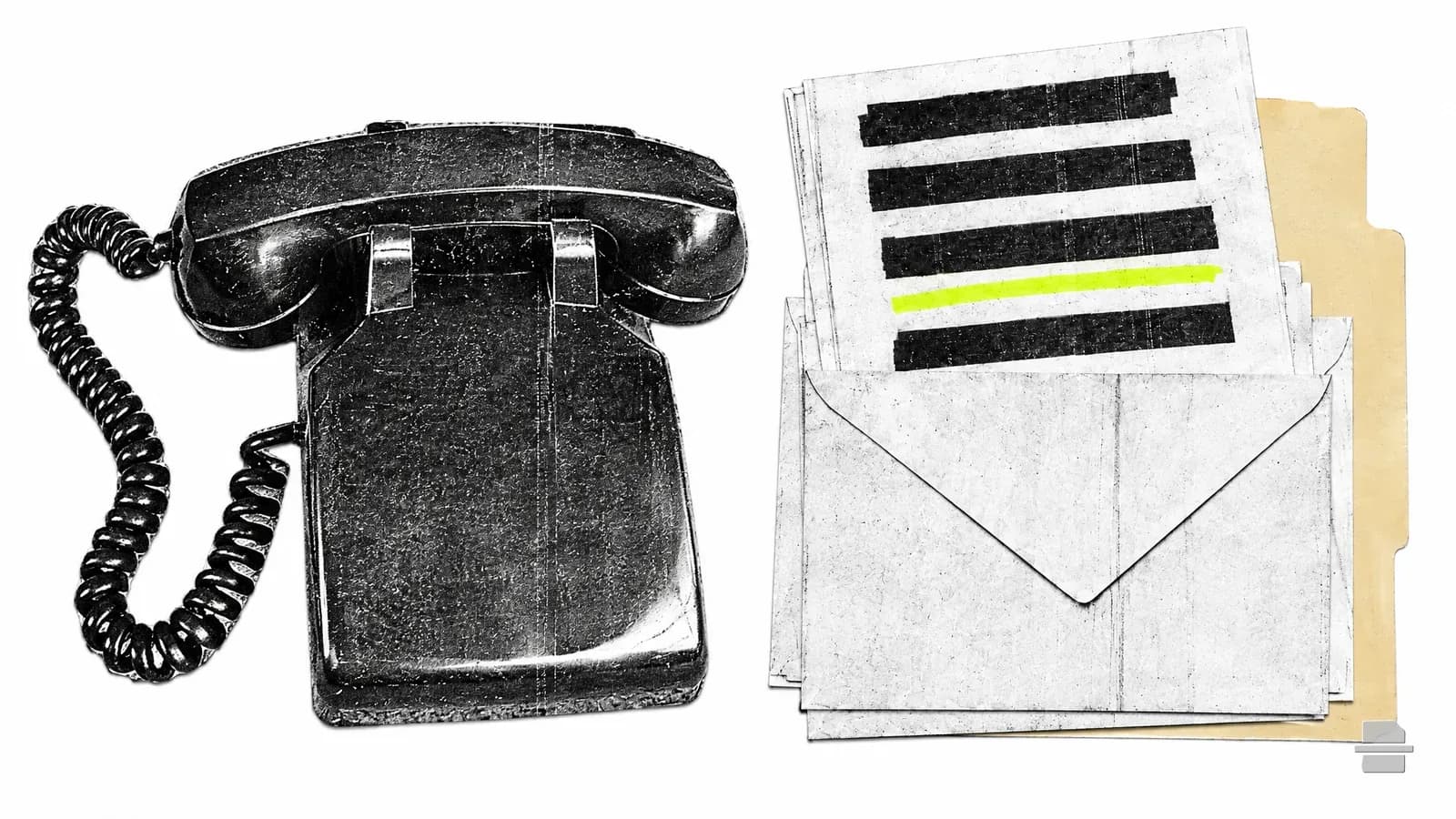 Photocopy-style paste-up of a desk telephone beside a stack of envelopes and a manila folder