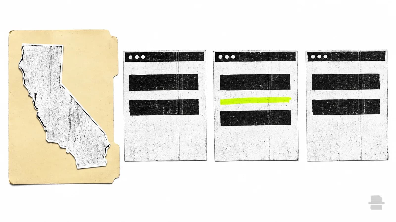 Photocopy-style paste-up of a paper outline of California beside three printed browser windows