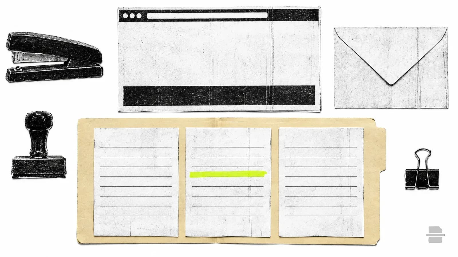 Photocopy-style paste-up of a printed browser window above three blank consent slips