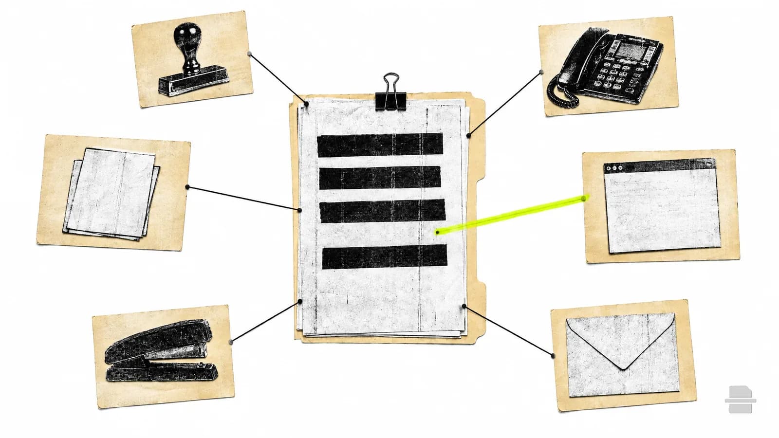 Photocopy-style paste-up of manila index cards joined by thread lines to a barred page