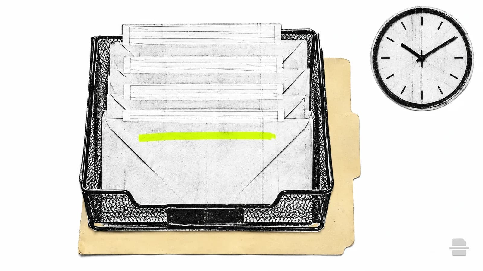 Photocopy-style paste-up of a tray of envelopes with request slips and a blank clock face