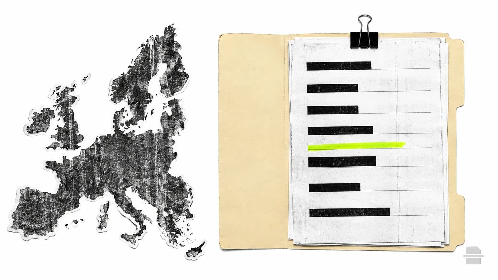Photocopy-style paste-up of a paper outline of the EU beside an open folder with a ruled checklist