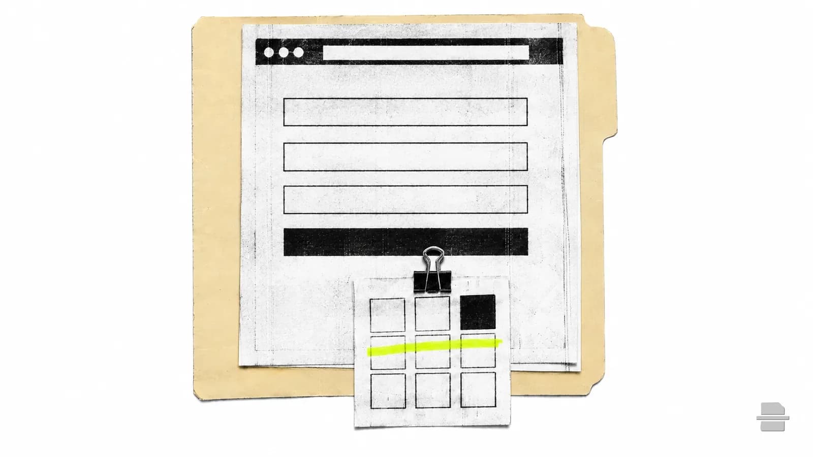 Photocopy-style paste-up of a printed web form with a small grid slip clipped over its lower edge