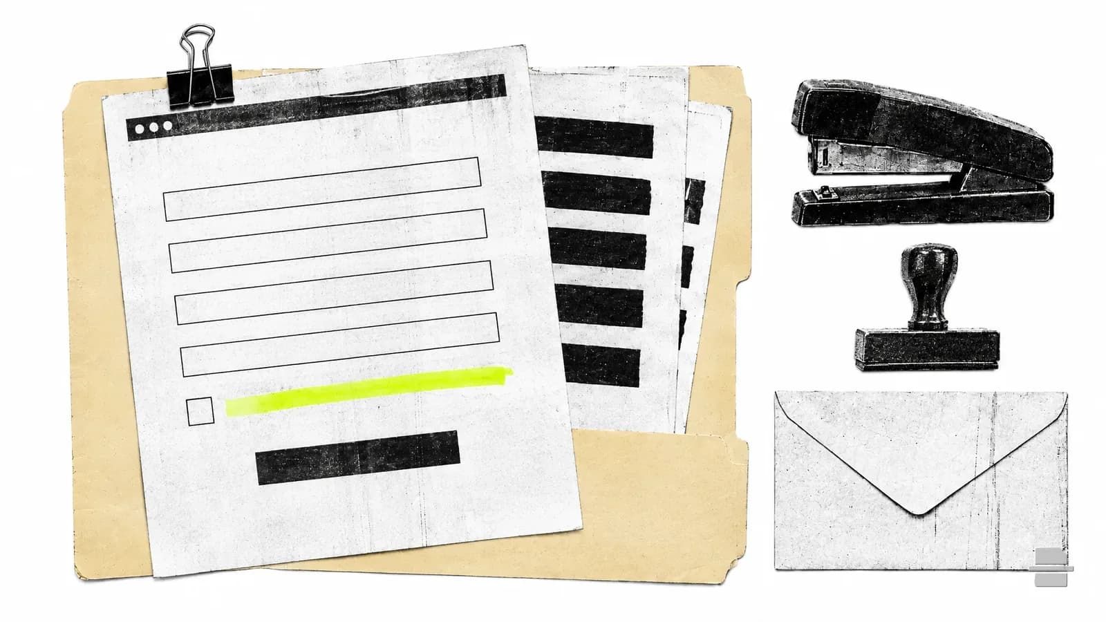 Photocopy-style paste-up of a printed web form sliding into a manila folder beside redacted form sheets