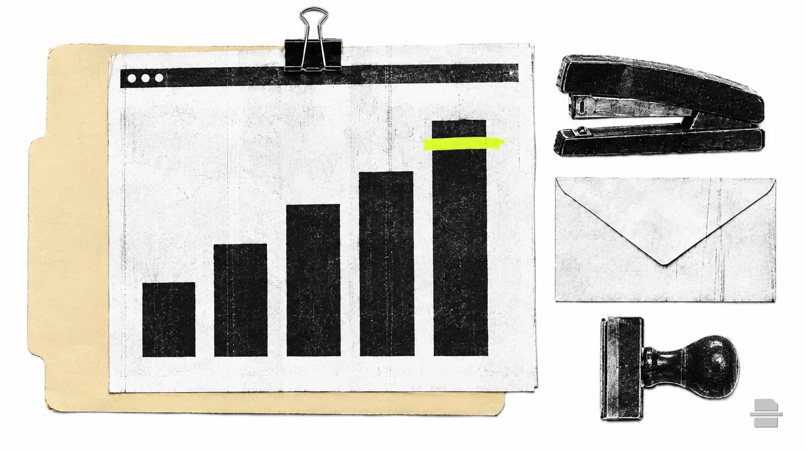Photocopy-style paste-up of a printed browser window with a plain black bar chart and no banner