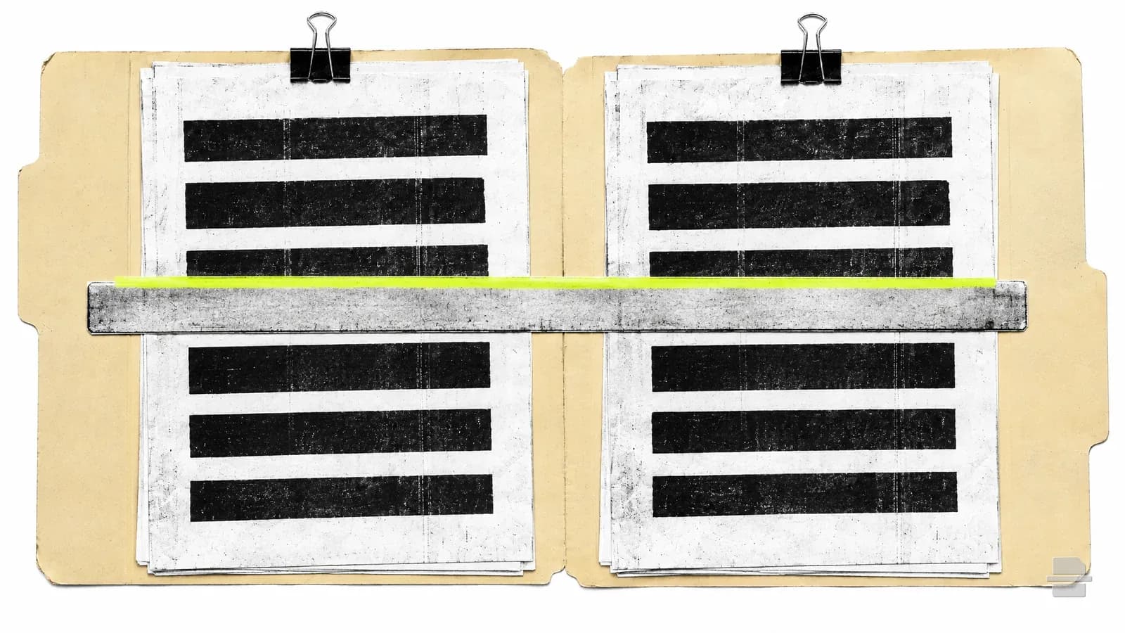 Photocopy-style paste-up of two open manila folders side by side with a plain ruler across them