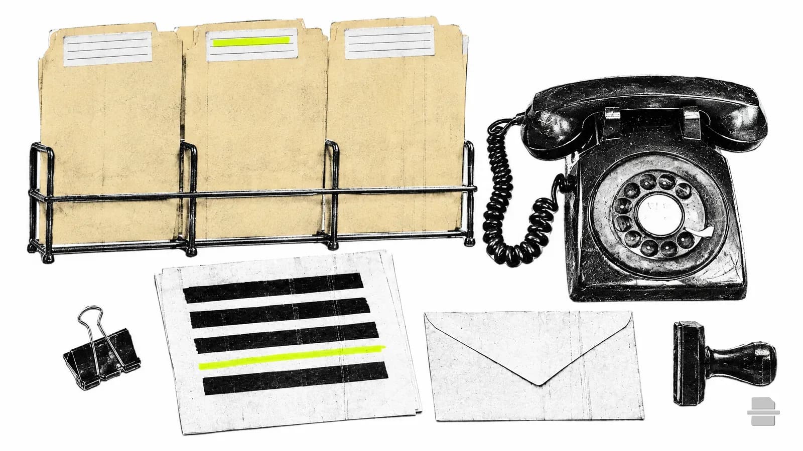 Photocopy-style paste-up of three manila folders in a desk organiser beside a desk telephone