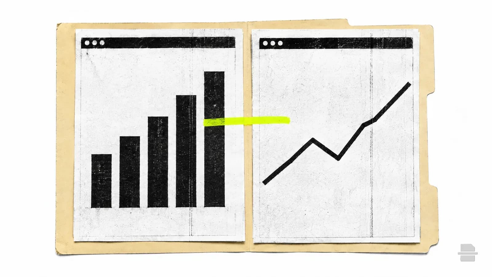 Photocopy-style paste-up of two printed browser windows side by side, one with a bar chart and one with a line chart