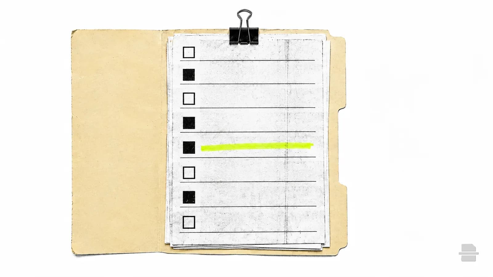Photocopy-style paste-up of a column of preference slips with filled and empty tick boxes in a folder