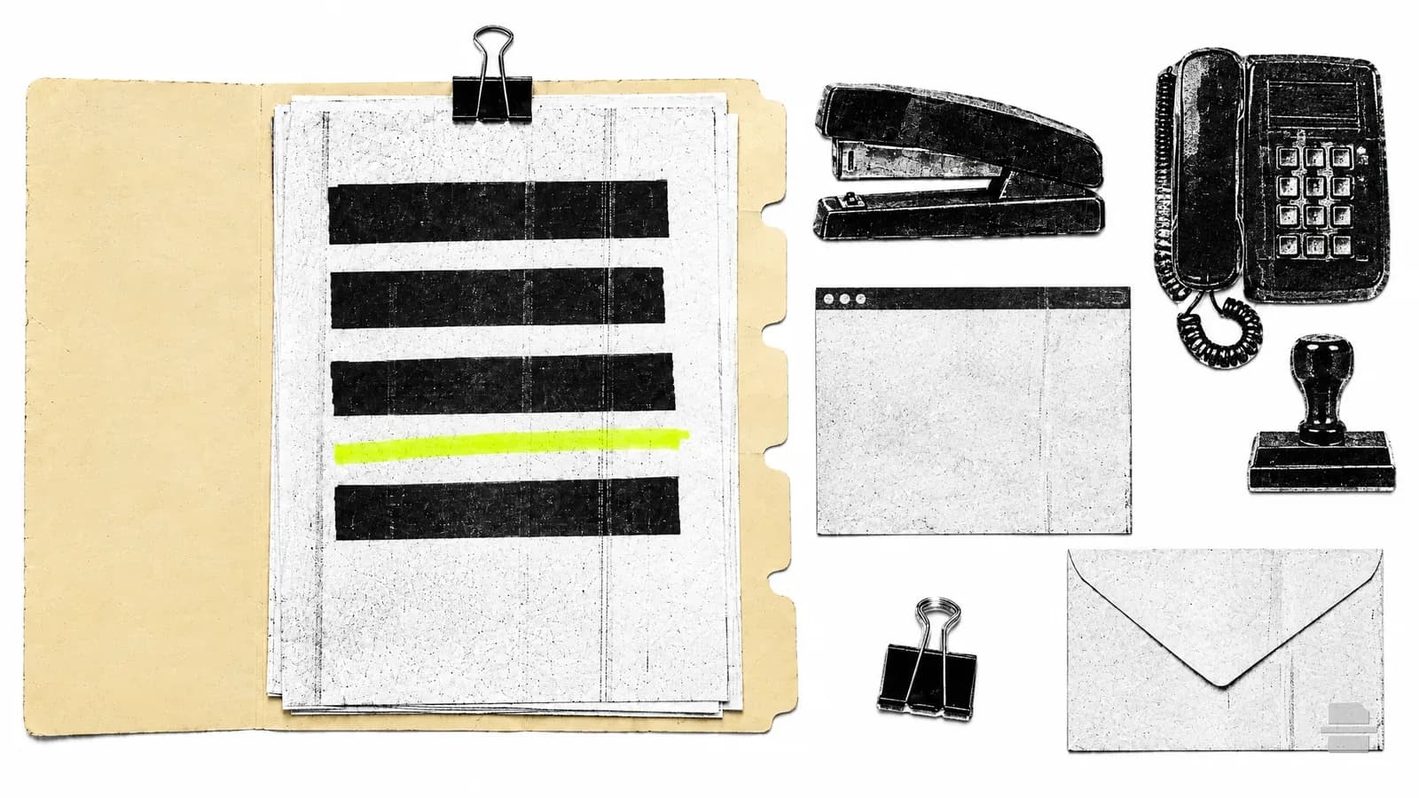 Photocopy-style paste-up of a tabbed manila folder with barred pages behind each tab
