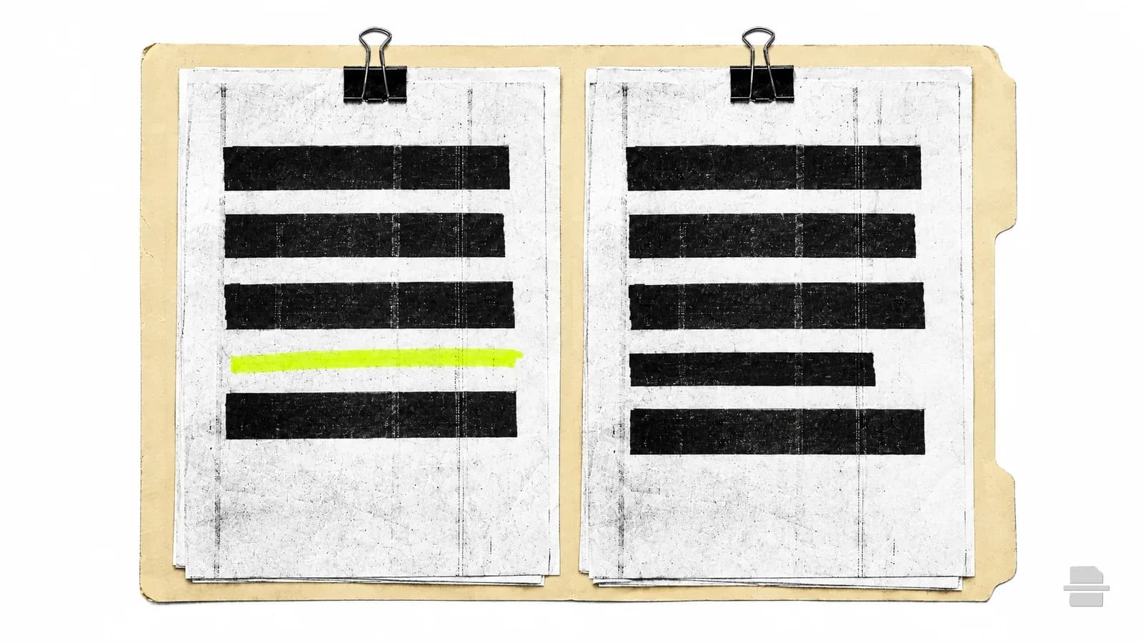 Photocopy-style paste-up of two ruled policy pages side by side with mostly matching black bars