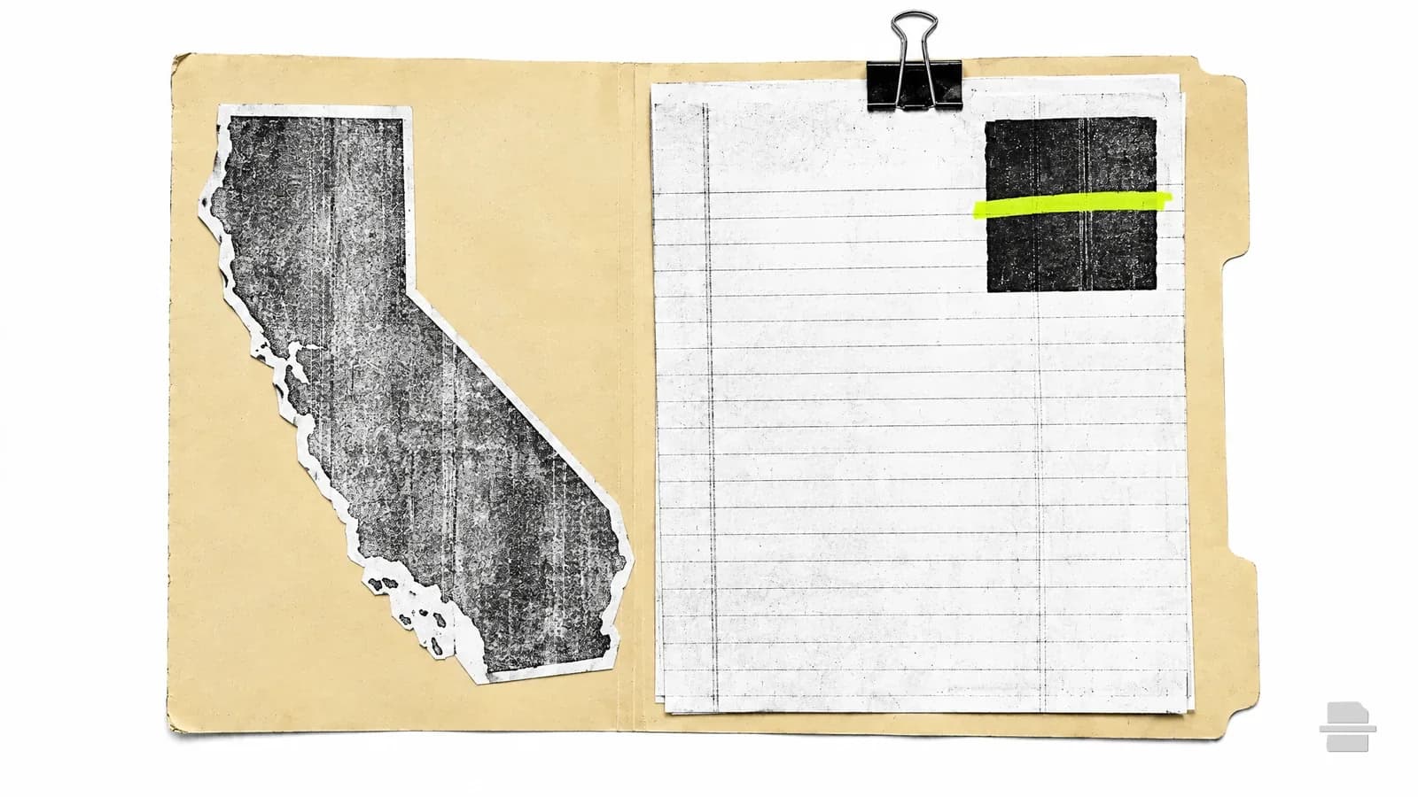 Photocopy-style paste-up of a paper outline of California beside a page with a solid stamp mark