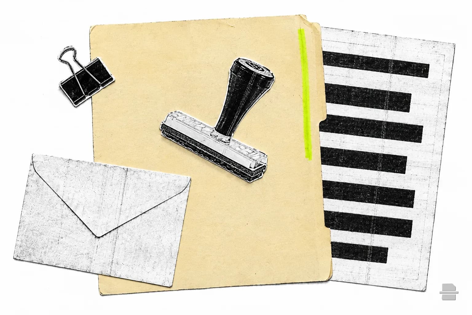 Photocopy-style paste-up of a rubber stamp lying on a closed manila folder