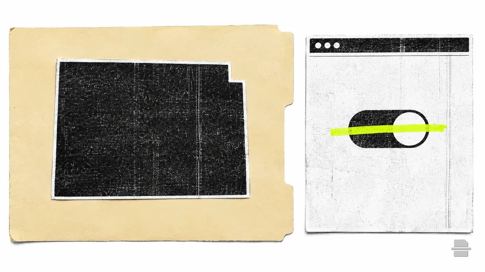 Photocopy-style paste-up of a paper outline of Colorado beside a printed browser window with a toggle