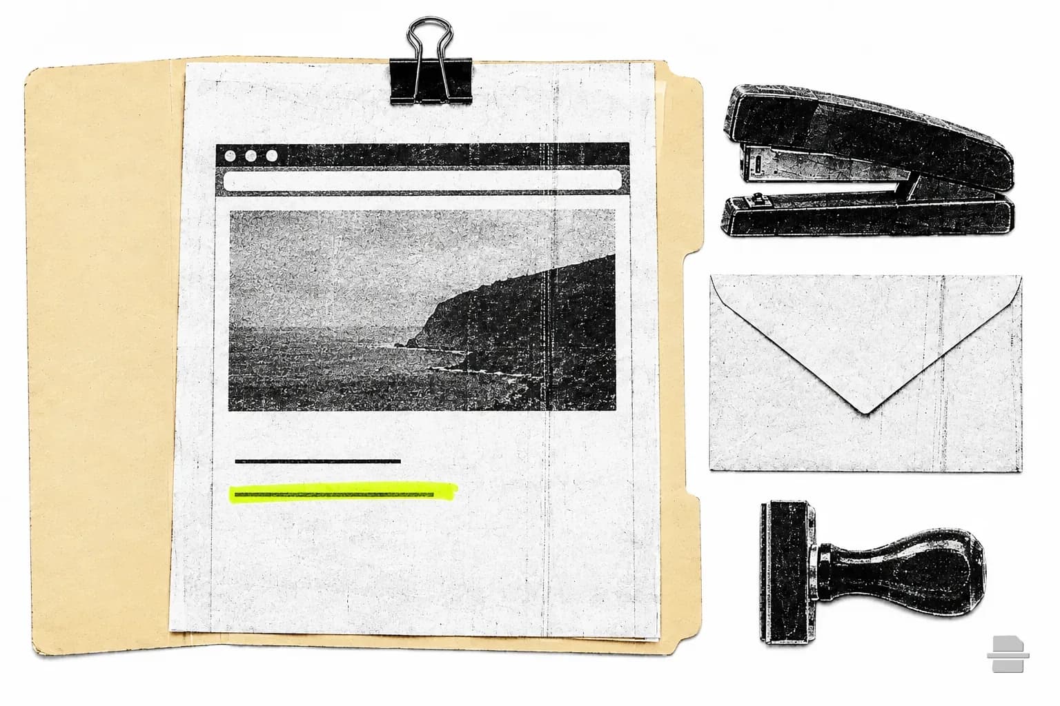 Photocopy-style paste-up of a printed web page with two blank underlined links in its footer