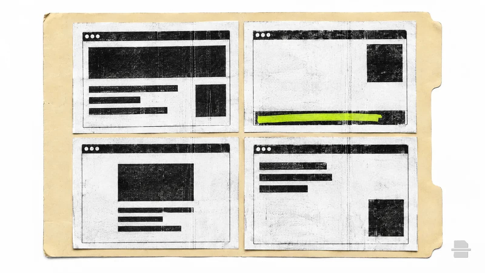 Photocopy-style paste-up of four printed browser windows, each with a blank banner strip in a different place