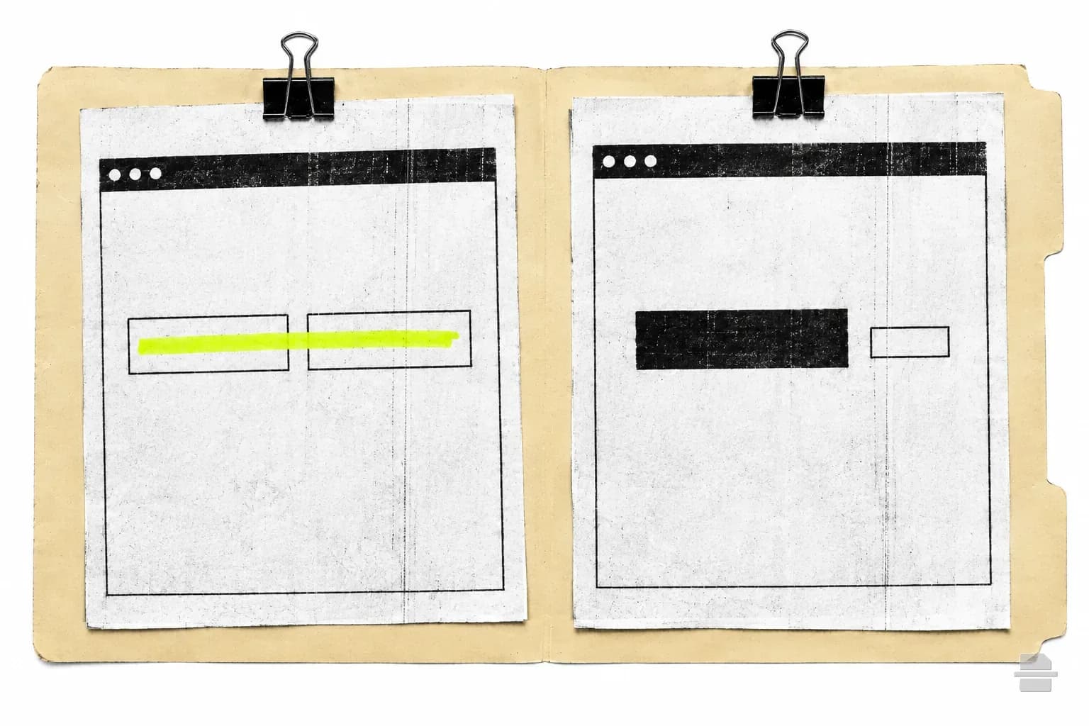 Photocopy-style paste-up of two printed browser windows comparing equal and unequal banner buttons