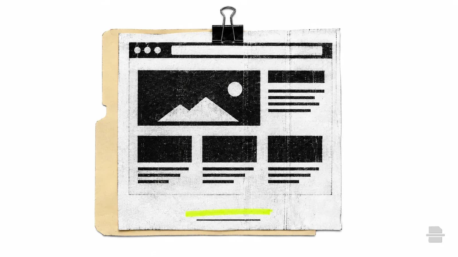 Photocopy-style paste-up of a printed web page with a blank underlined link in its footer