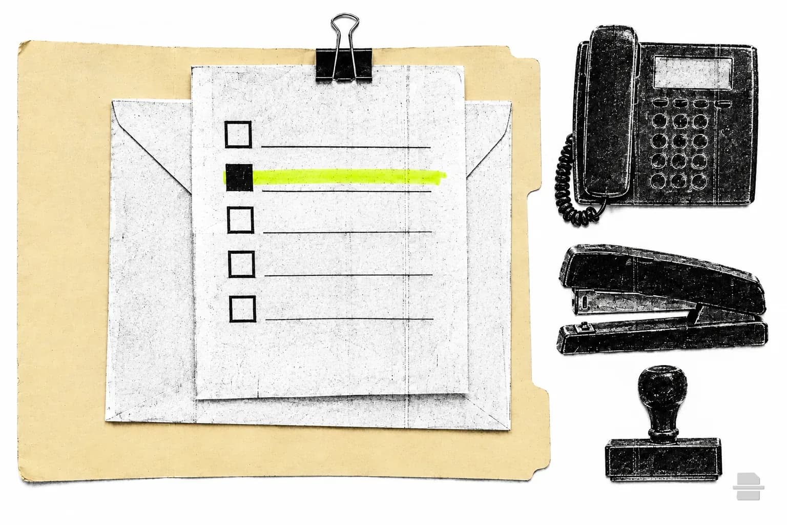 Photocopy-style paste-up of a request slip with one ticked box clipped to an envelope