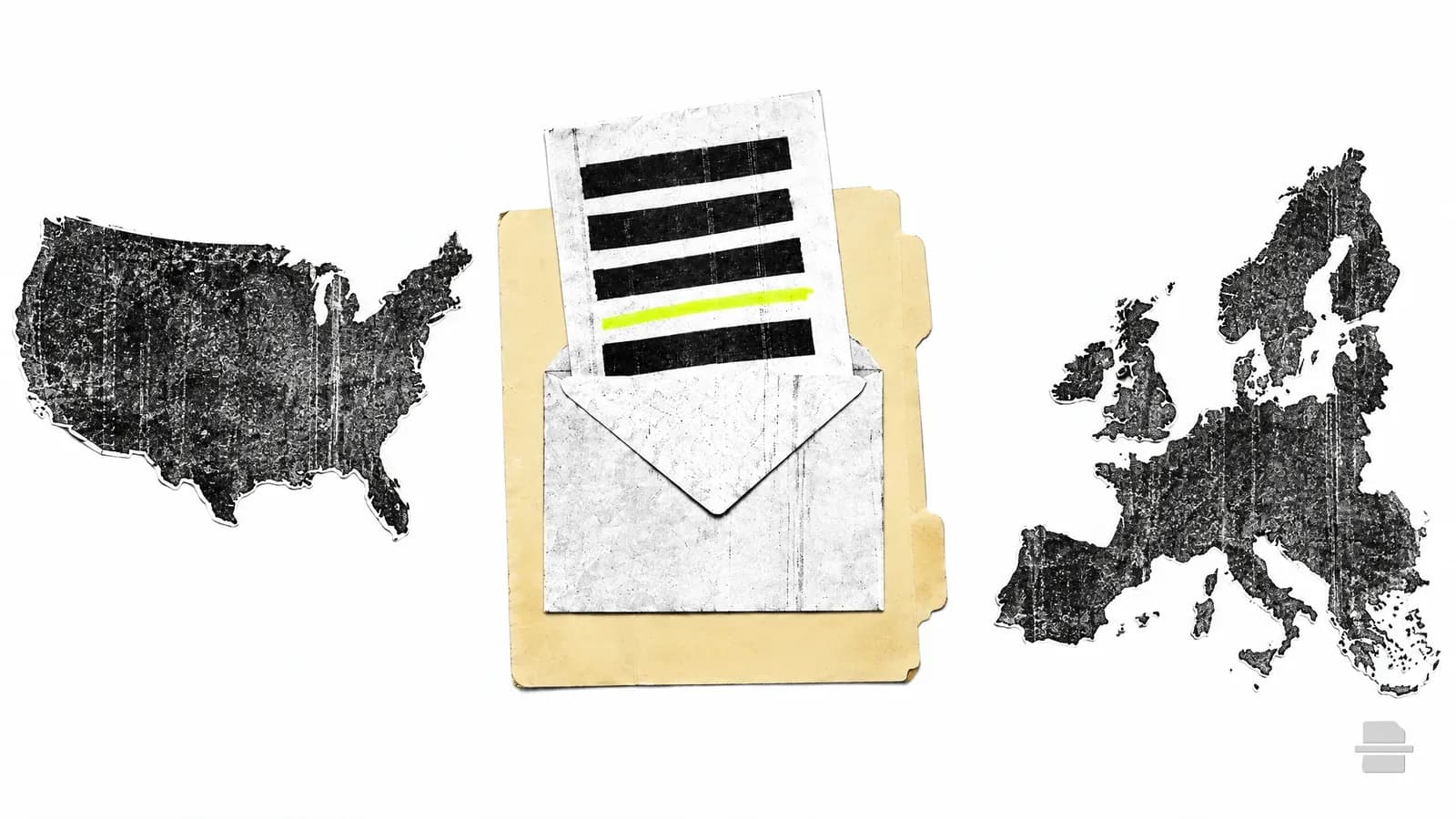 Photocopy-style paste-up of an envelope with a barred page between paper outlines of a US state and the EU