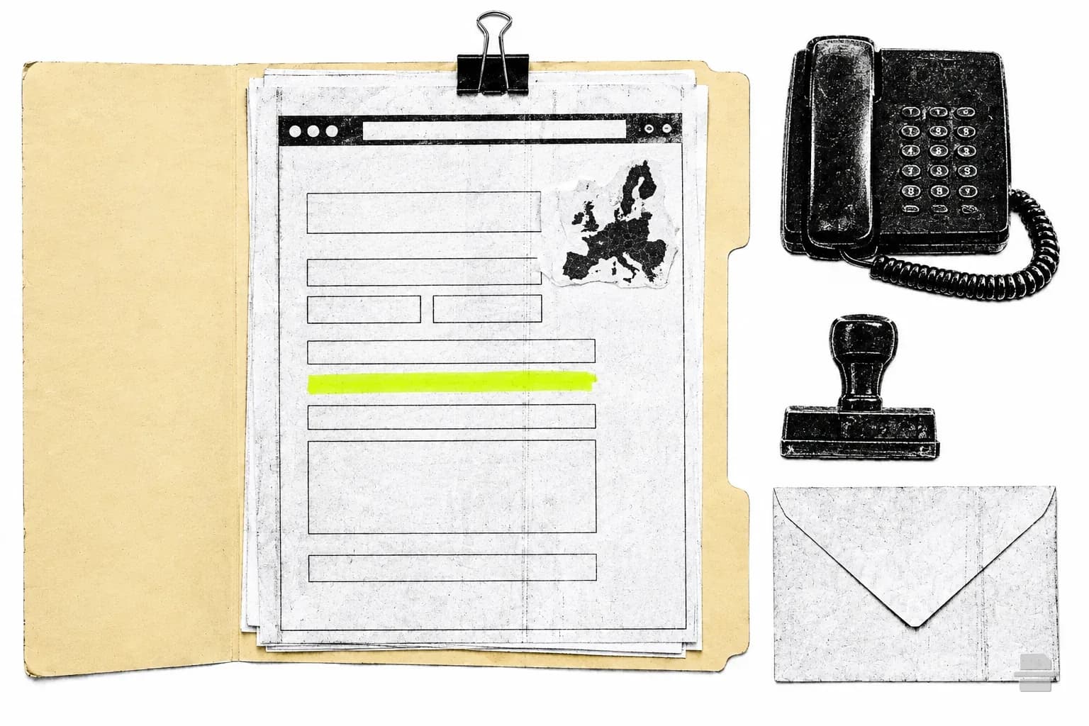 Photocopy-style paste-up of a printed order form with a small paper outline of the EU
