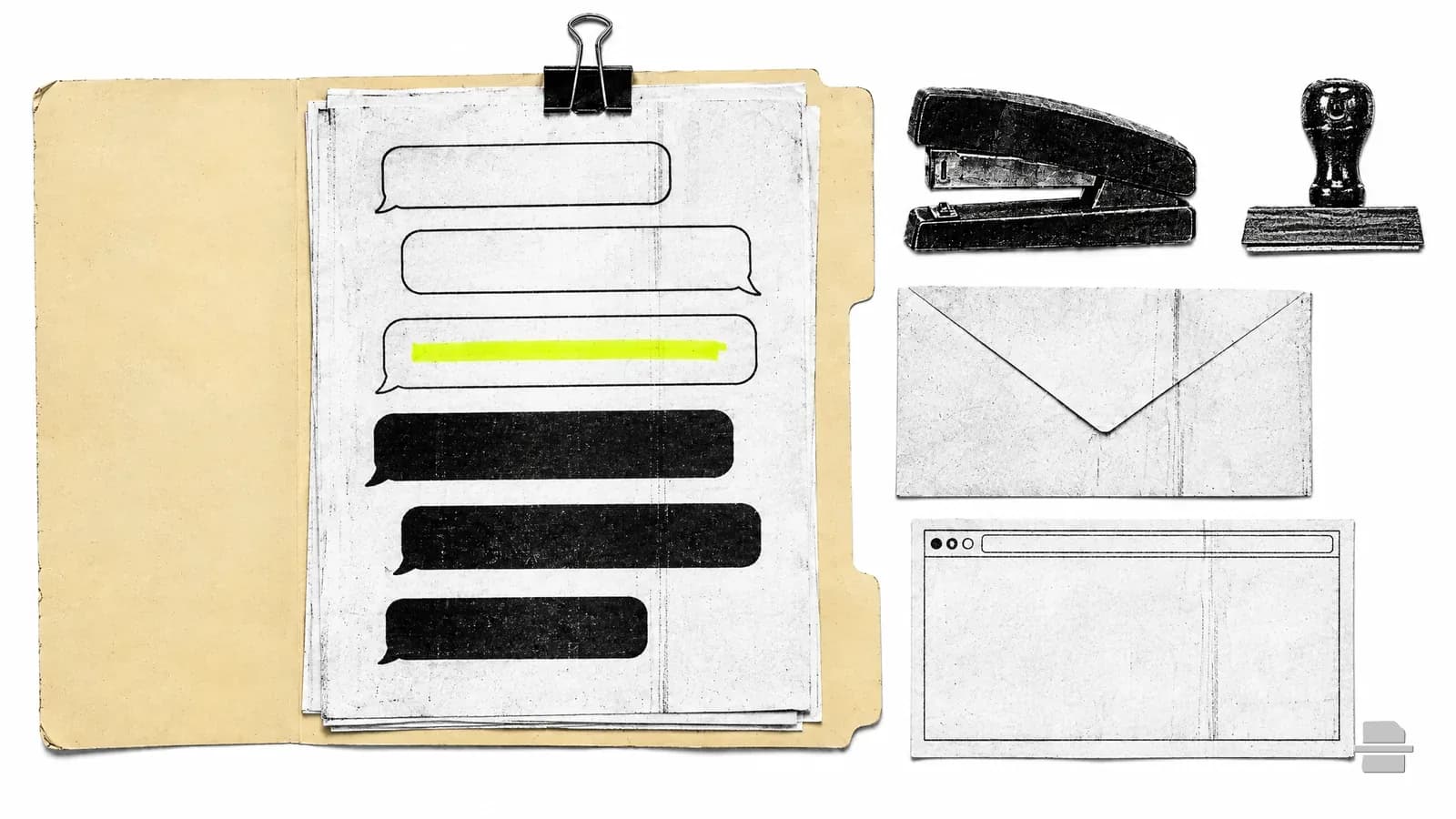 Photocopy-style paste-up of a printed sheet of blank speech balloons partly covered by black bars