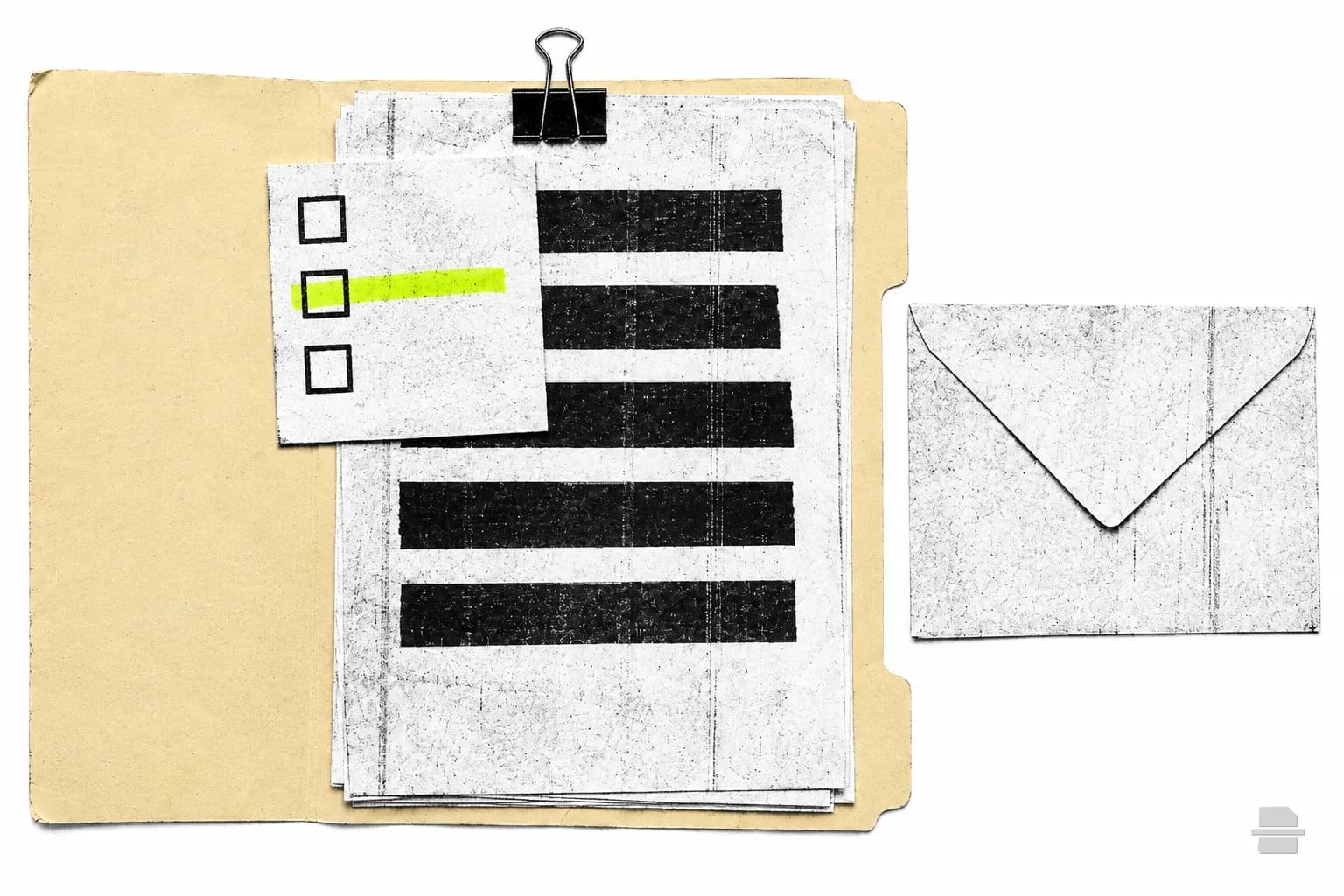 Photocopy-style paste-up of a checklist slip clipped to a barred page beside an envelope