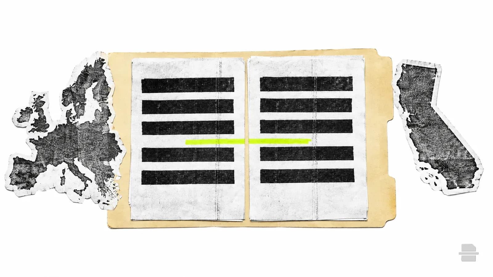 Photocopy-style paste-up of paper outlines of the EU and California with two barred pages between them