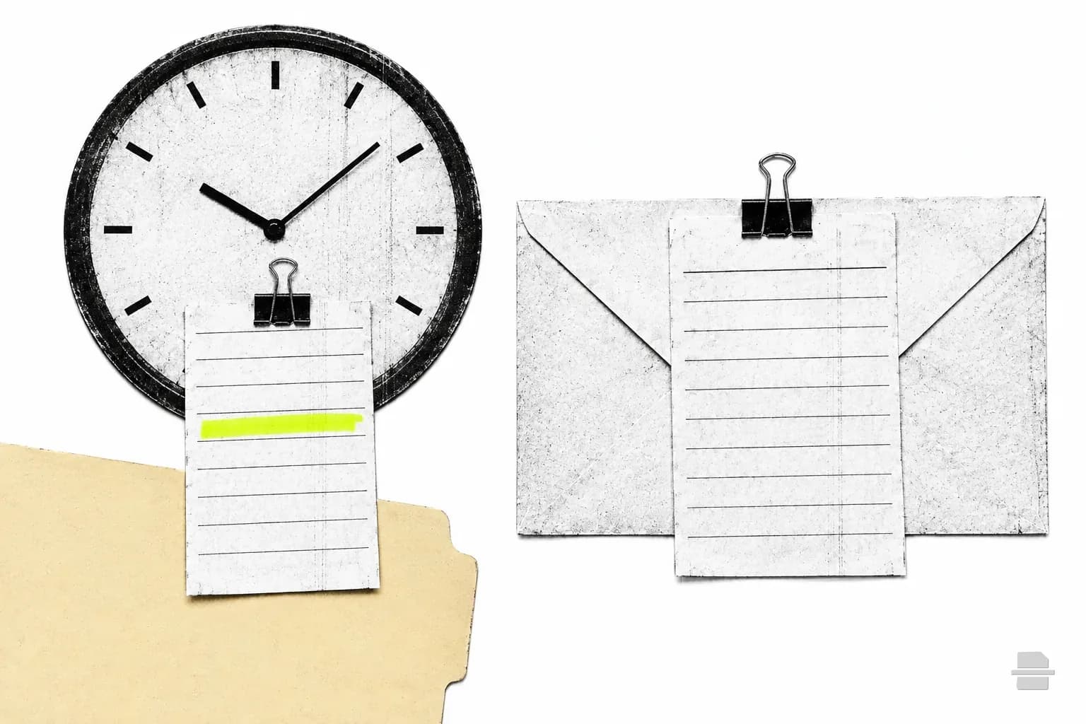 Photocopy-style paste-up of two request slips, one with a blank clock face and one with an envelope