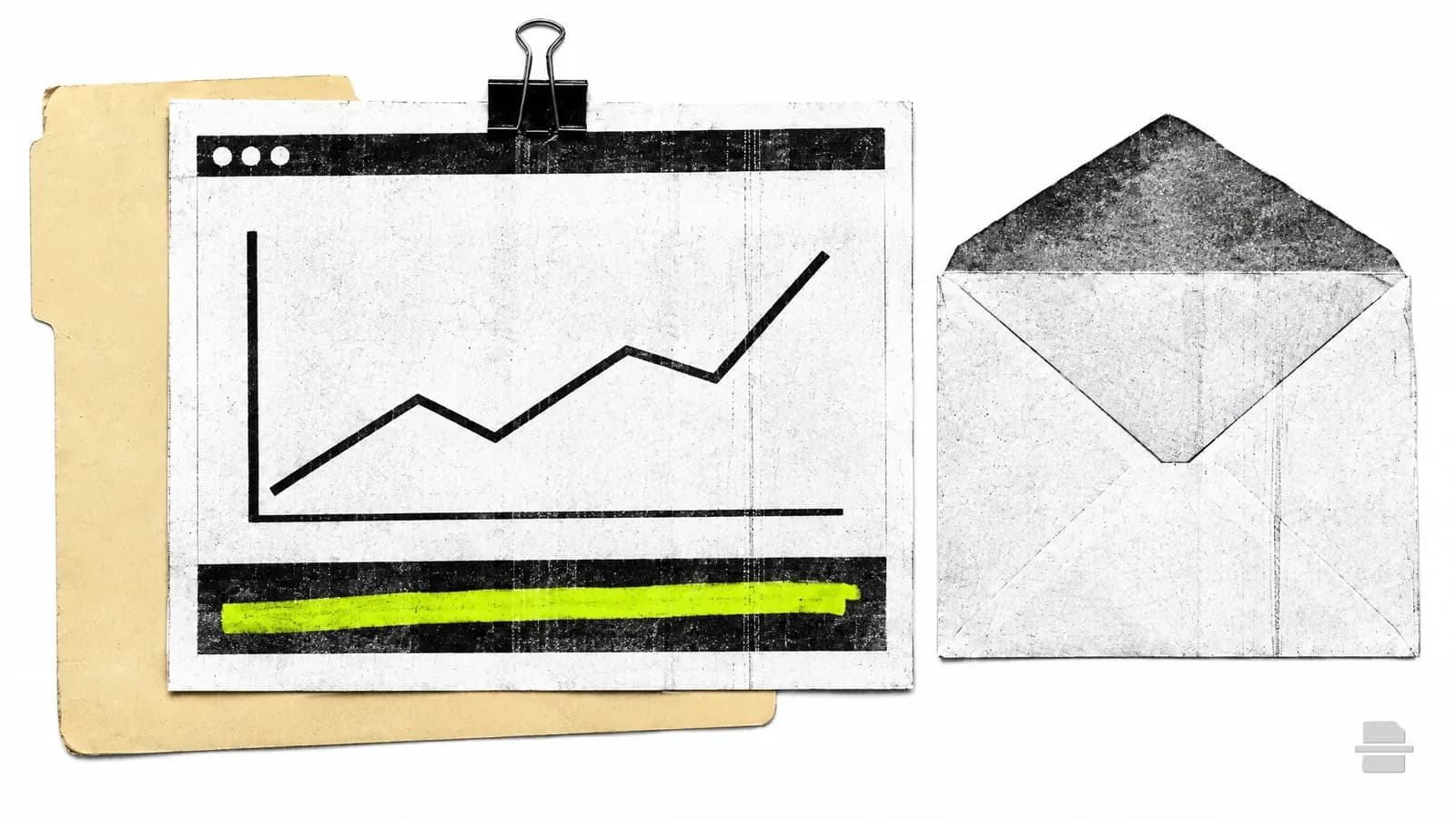 Photocopy-style paste-up of a printed browser window with a plain line chart and a blank banner strip