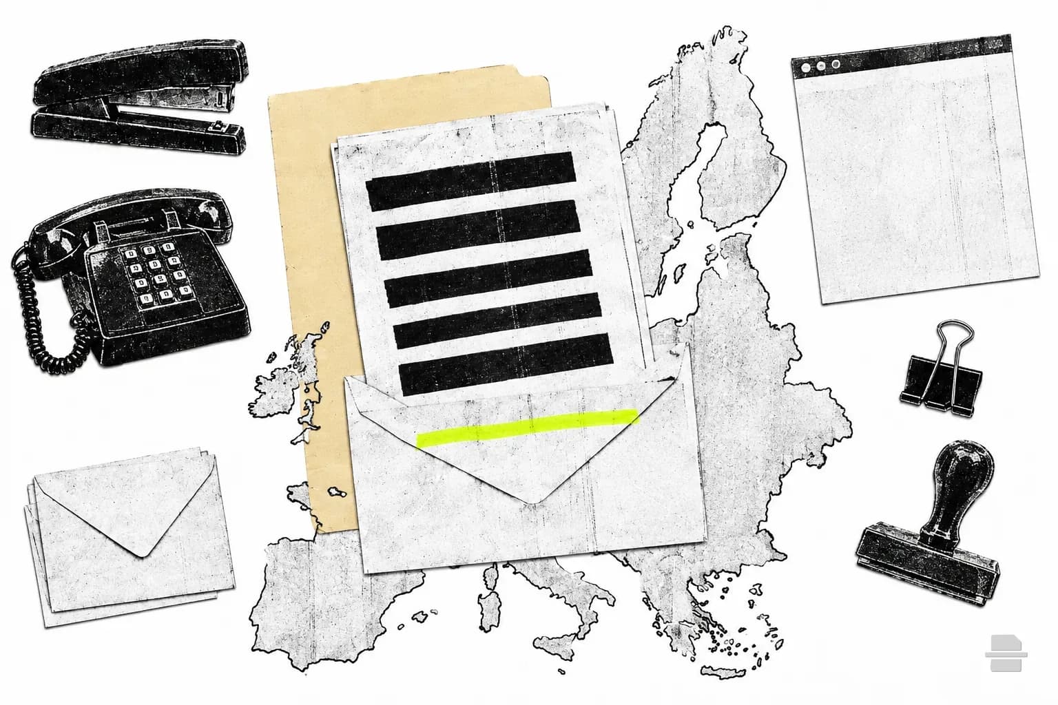 Photocopy-style paste-up of a barred page sliding into an envelope on a paper outline of the EU