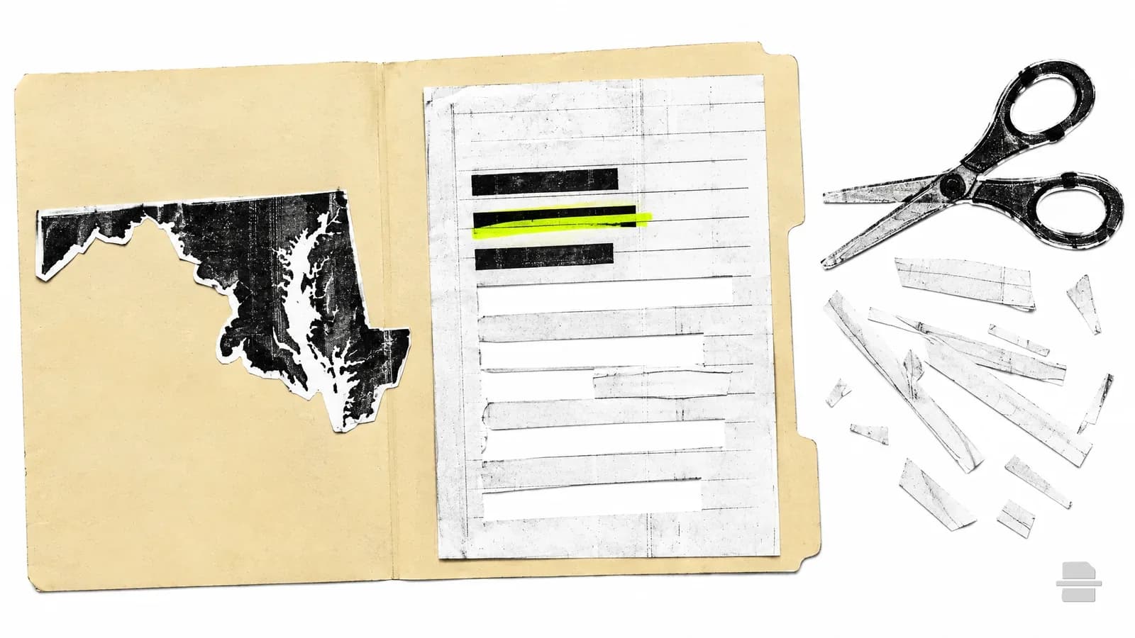Photocopy-style paste-up of a paper outline of Maryland beside a trimmed page and a pair of scissors