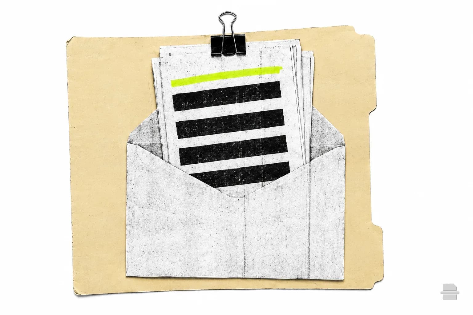 Photocopy-style paste-up of a clipped stack of trimmed barred pages tucked into an envelope