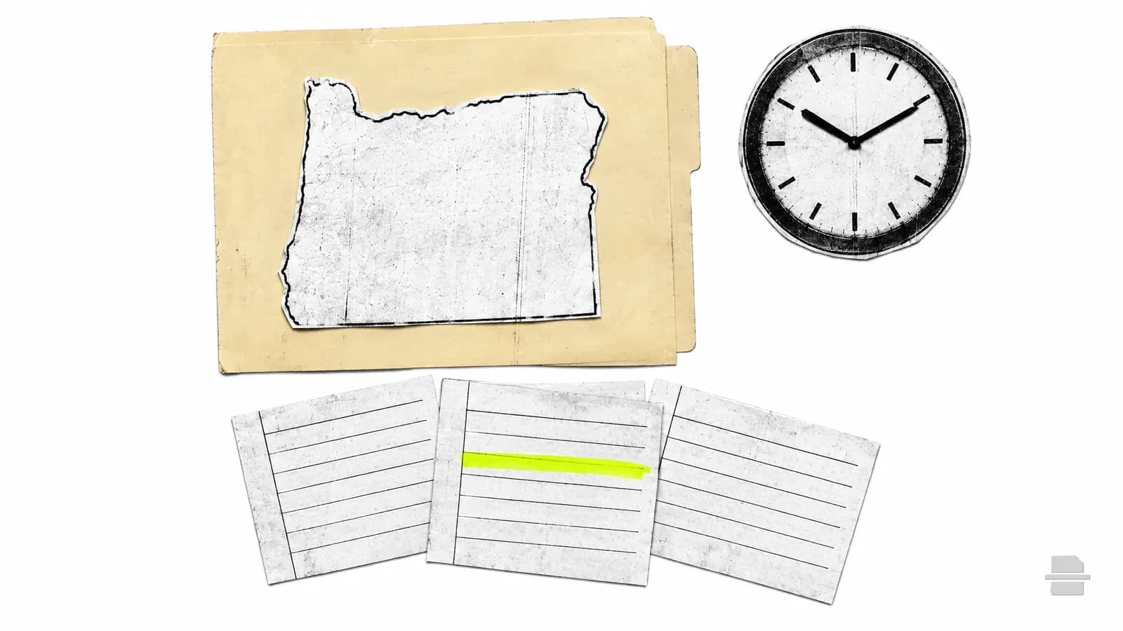 Photocopy-style paste-up of a paper outline of Oregon on a folder with request slips and a blank clock face