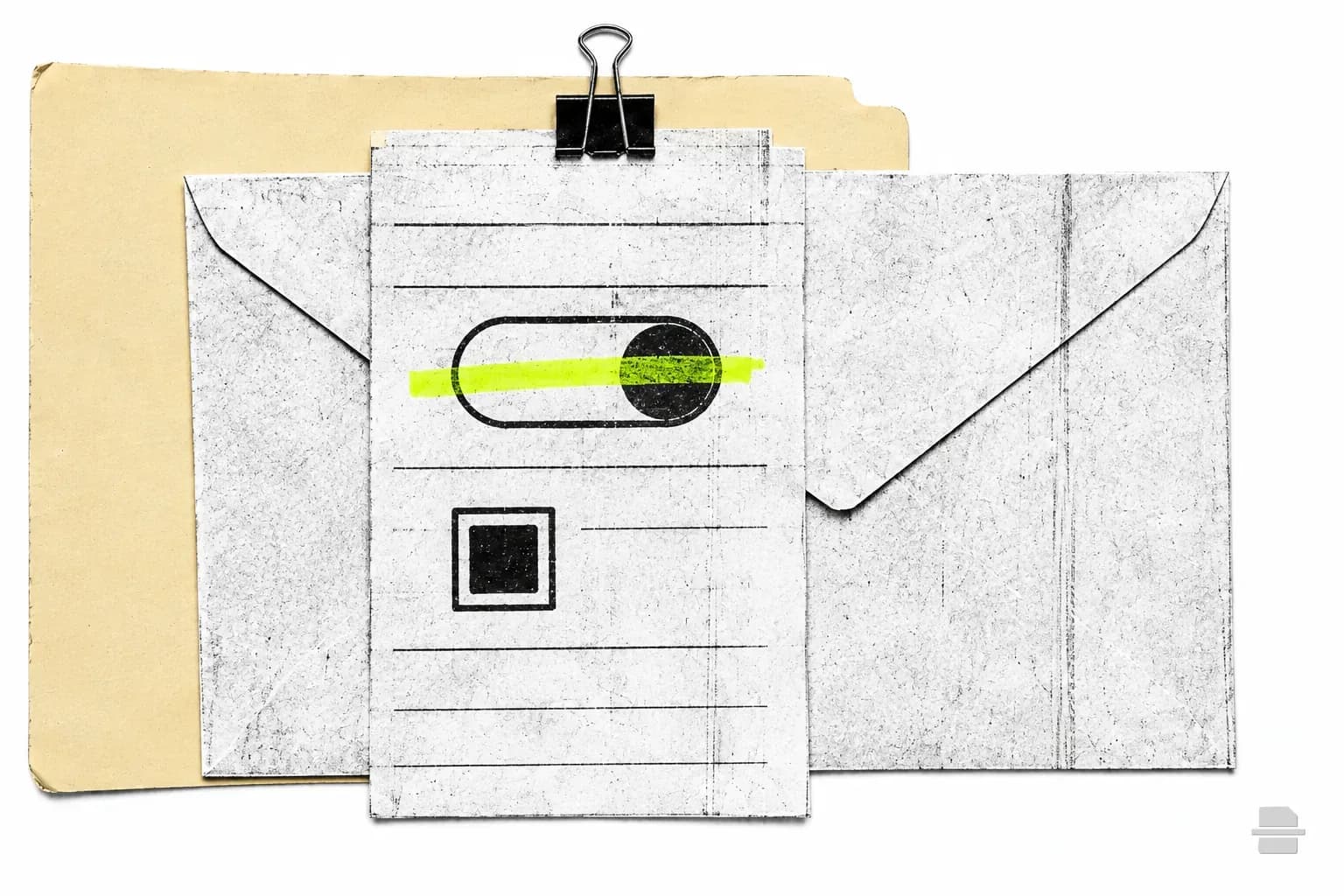 Photocopy-style paste-up of a slip with a toggle shape and a ticked box clipped to an envelope