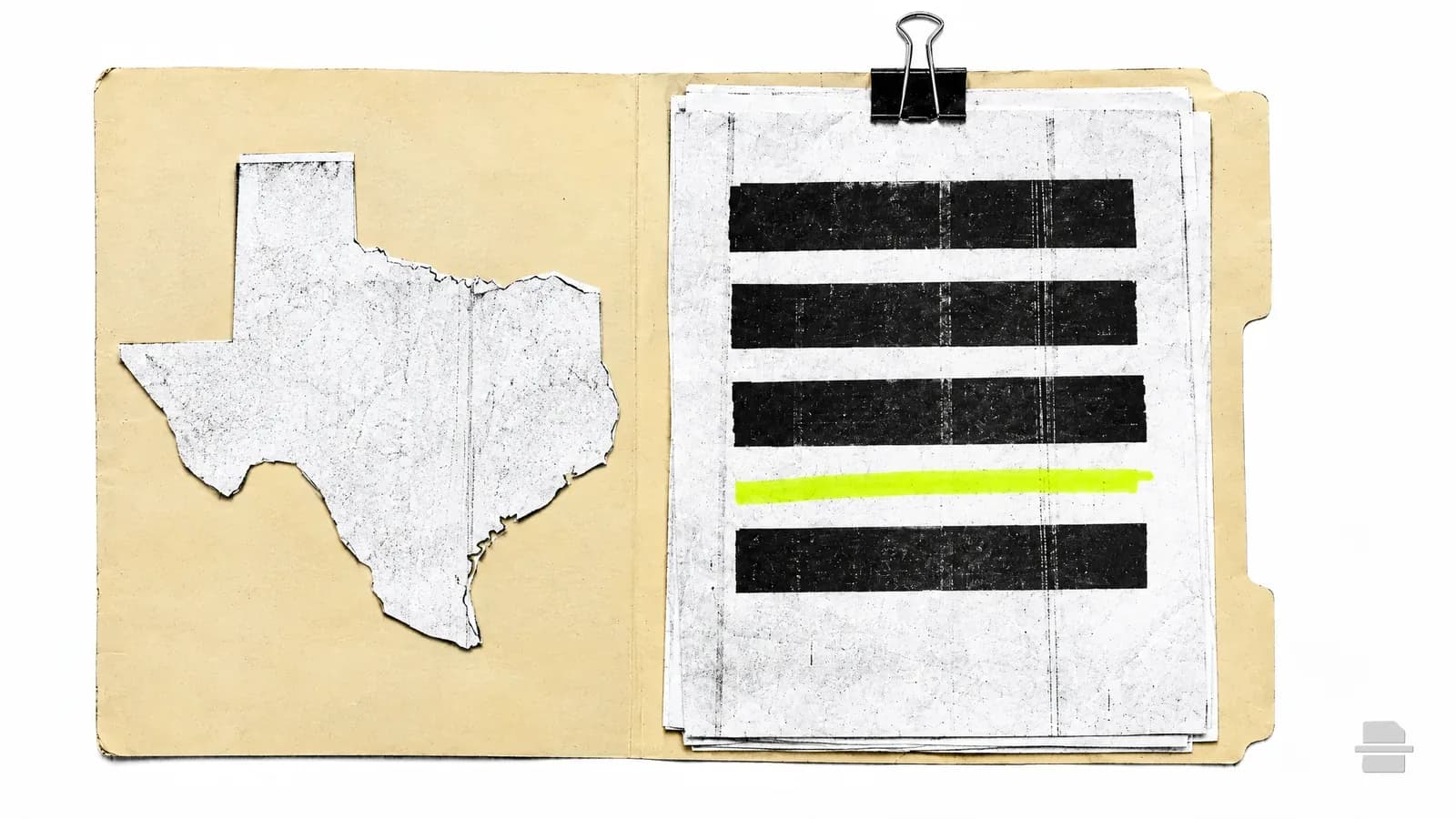 Photocopy-style paste-up of a paper outline of Texas on an open manila folder with a barred page
