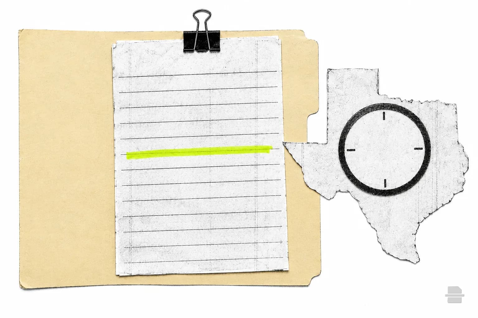 Photocopy-style paste-up of a request slip and a blank clock face on a paper outline of Texas