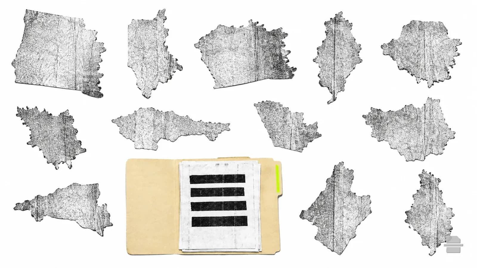 Photocopy-style paste-up of small paper outlines of US states scattered above an open manila folder