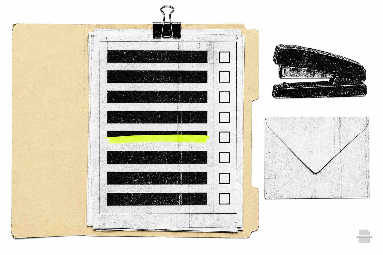Photocopy-style paste-up of a ruled table of black bars with a column of tick boxes