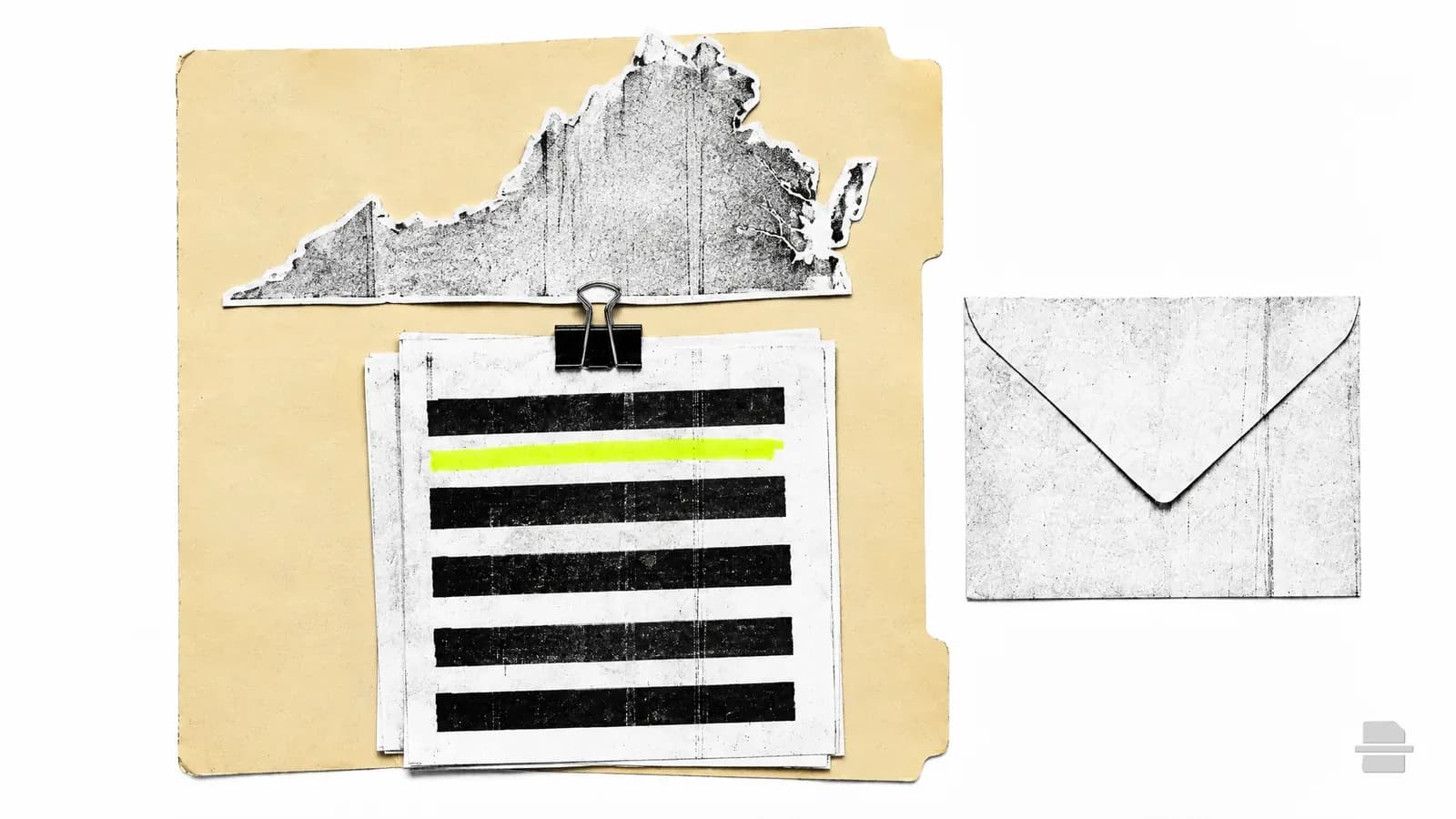 Photocopy-style paste-up of a paper outline of Virginia above two clipped barred pages and an envelope