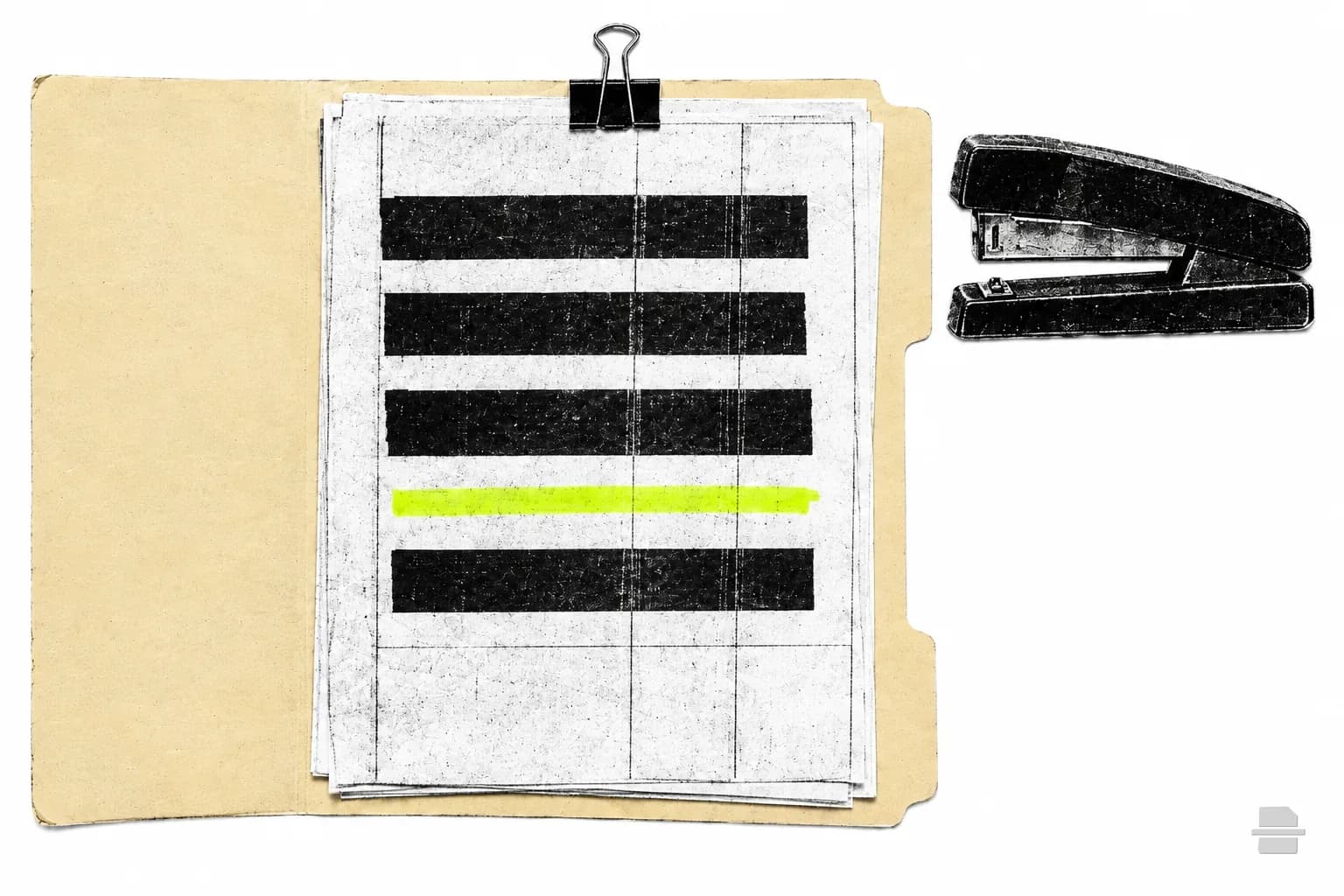 Photocopy-style paste-up of an assessment grid of black bars in an open folder with a stapler