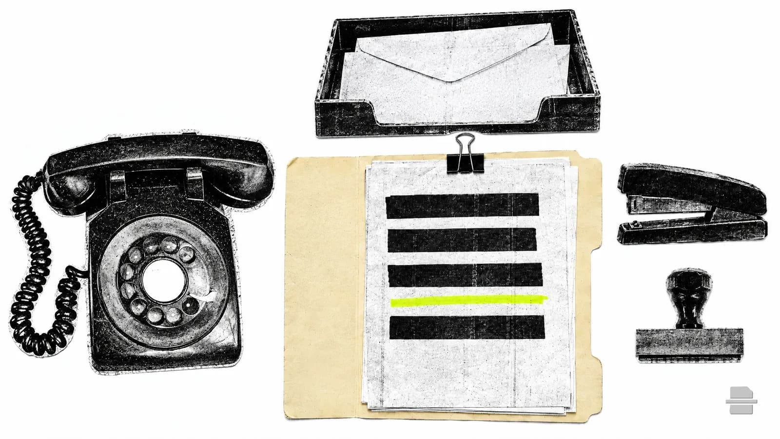 Photocopy-style paste-up of a desk telephone beside an open folder and two envelopes