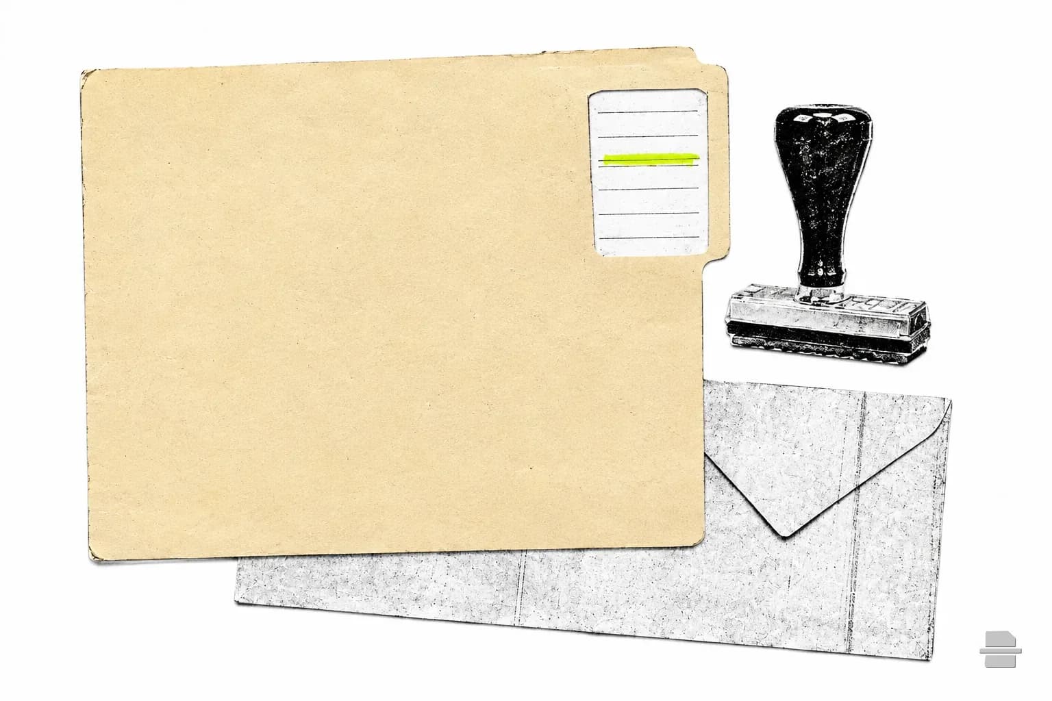 Photocopy-style paste-up of a closed manila folder with a blank tab slip, a rubber stamp and an envelope