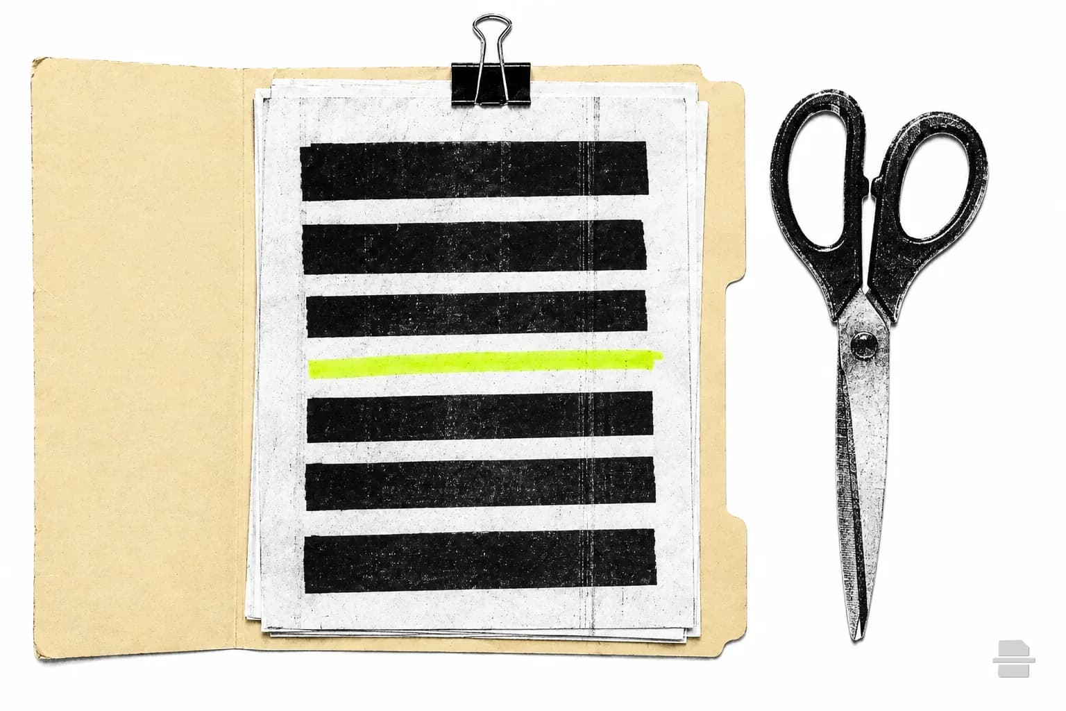 Photocopy-style paste-up of a page mostly covered in black bars with scissors beside it