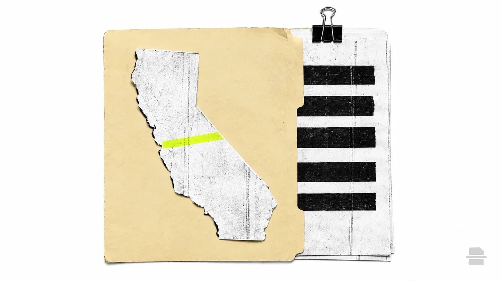 Photocopy-style paste-up of a paper outline of California on a manila folder with a barred page