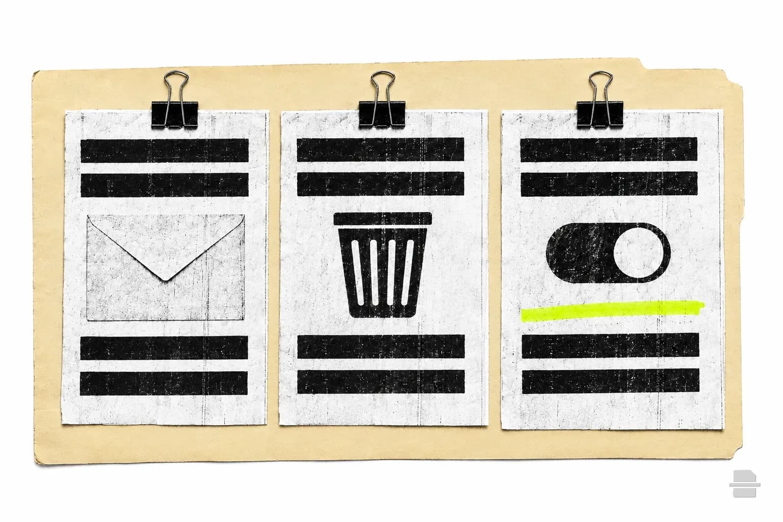 Photocopy-style paste-up of three ruled slips with an envelope, a bin and a toggle shape