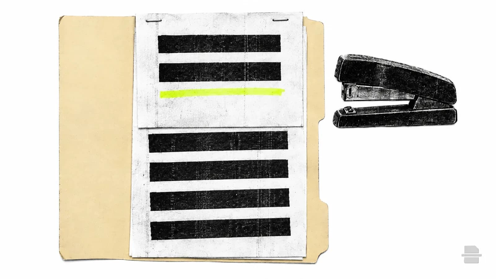 Photocopy-style paste-up of a barred page with a thinner page stapled over it and a stapler beside