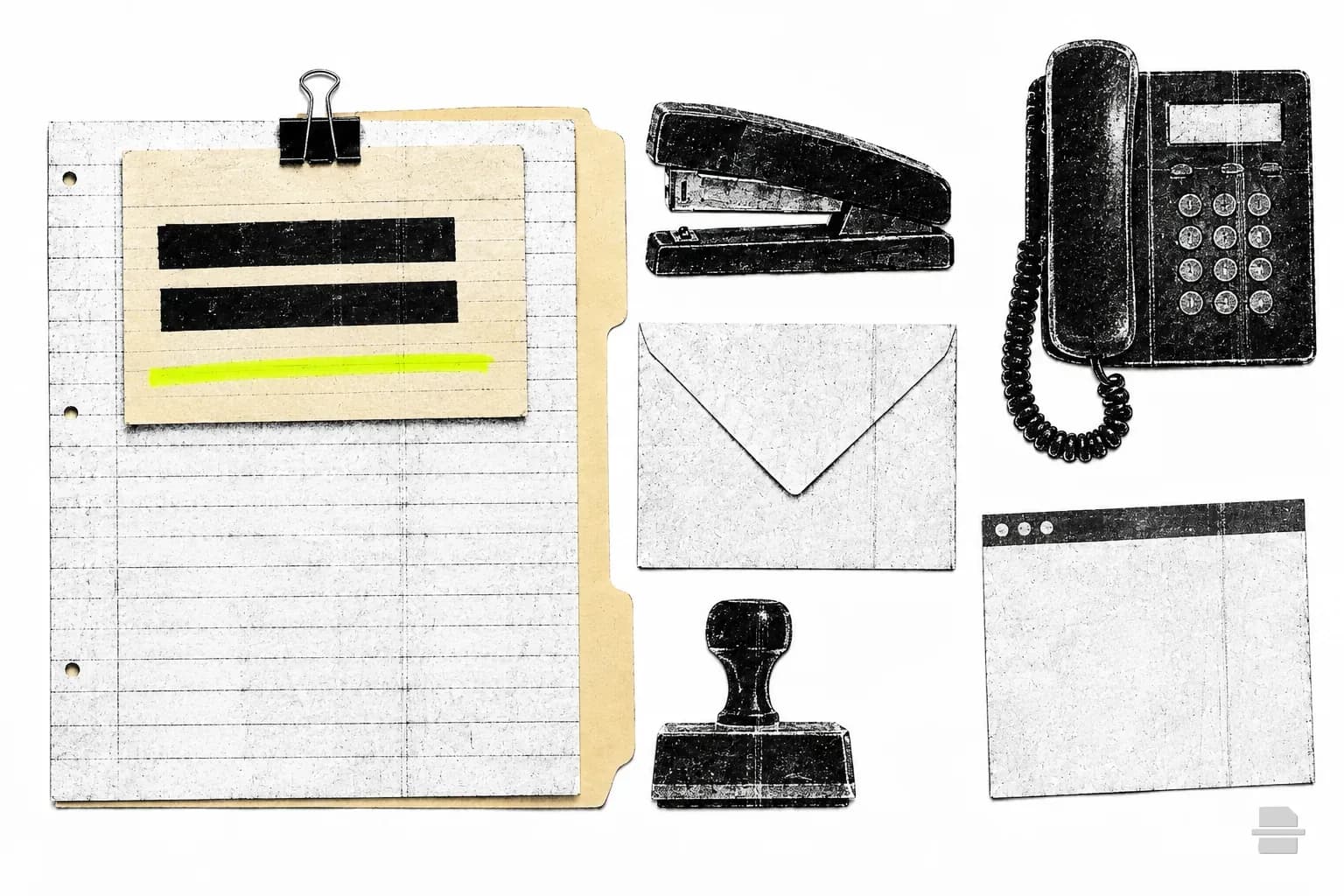 Photocopy-style paste-up of an index card with black bars clipped to a ruled slip