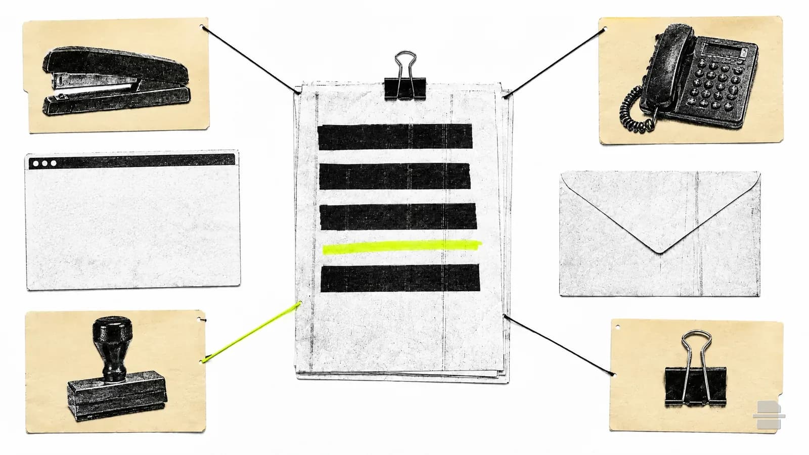 Photocopy-style paste-up of index cards and a barred page joined by thread lines